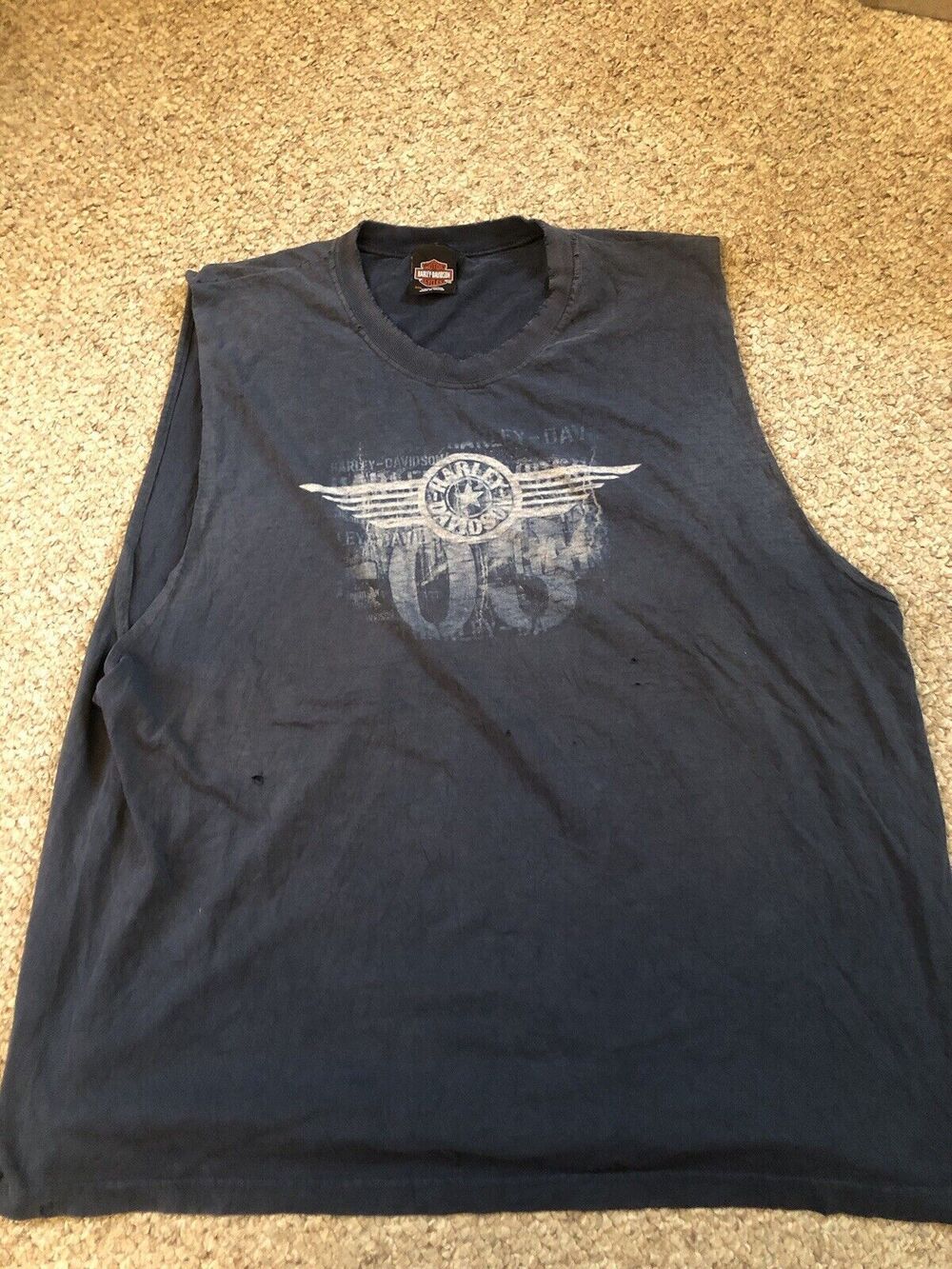 Vintage Harley Davidson Tank Top Single Stitch Blue with Holes Size 3XL Faded